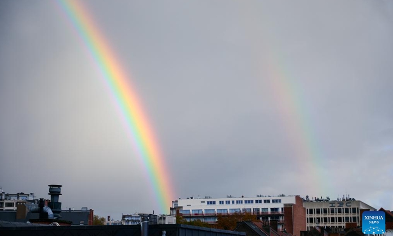 A double rainbow appears over the sky in Brussels, Belgium, Nov. 17, 2024. (Xinhua/Meng Dingbo)