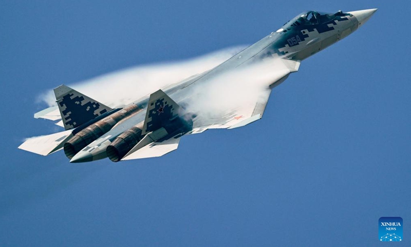 A Russia's Su-57 fighter jet takes part in a performance during Airshow China in Zhuhai, south China's Guangdong Province, Nov. 12, 2024. The 15th China International Aviation and Aerospace Exhibition, also known as Airshow China, was held in Zhuhai from Nov. 12 to 17. (Photo by Xu Yang/Xinhua)