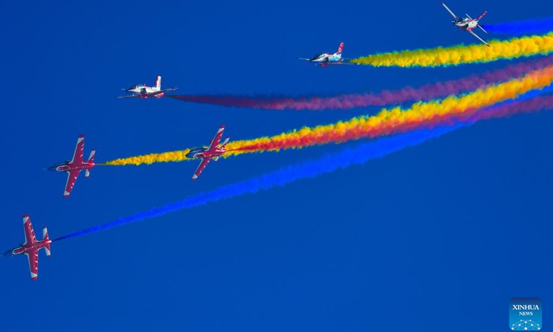 Aircraft of China's Red Falcon Aerobatic Team conduct adaptive training in Zhuhai, south China's Guangdong Province, Nov. 8, 2024. The 15th China International Aviation and Aerospace Exhibition, also known as Airshow China, was held in Zhuhai from Nov. 12 to 17. (Photo by Xu Yang/Xinhua)