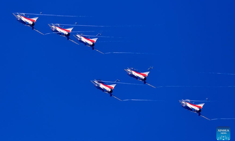 Aircraft of the Bayi Aerobatic Team of the Chinese People's Liberation Army Air Force conduct adaptive training in Zhuhai, south China's Guangdong Province, Nov. 8, 2024. The 15th China International Aviation and Aerospace Exhibition, also known as Airshow China, was held in Zhuhai from Nov. 12 to 17. (Photo by Xu Yang/Xinhua)