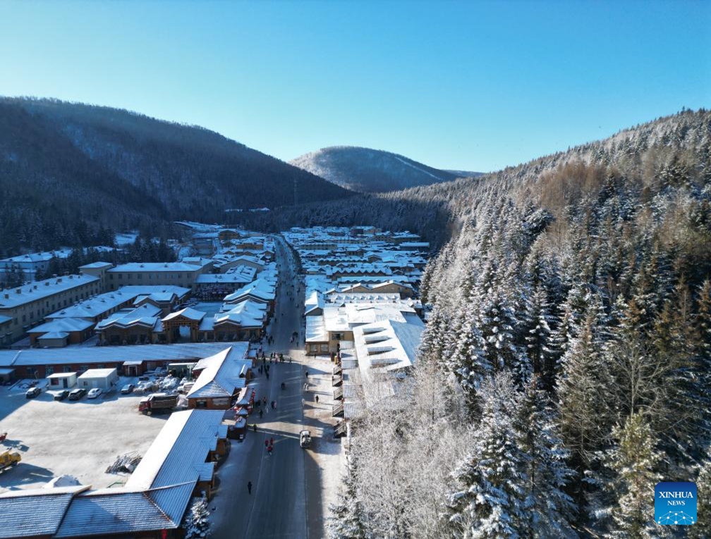 A drone photo taken on Nov. 17, 2024 shows the scenery at the China's Snow Town scenic spot in Mudanjiang, northeast China's Heilongjiang Province. The China's Snow Town scenic spot opened to the public on Sunday. (Photo by Wang Yanlong/Xinhua)