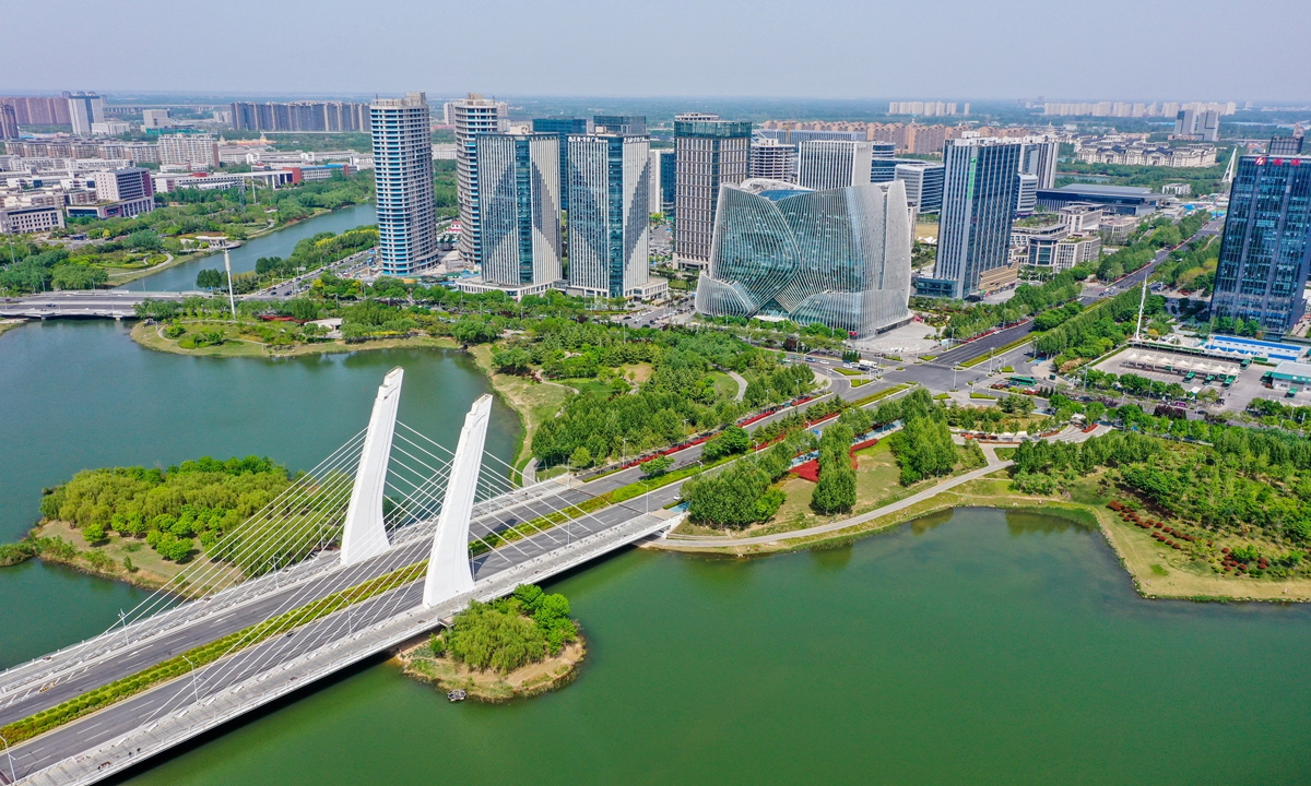 An aerial view of the ecological water system of the Longzi Lake in Zhengzhou, Henan Province, shows the concept of a 