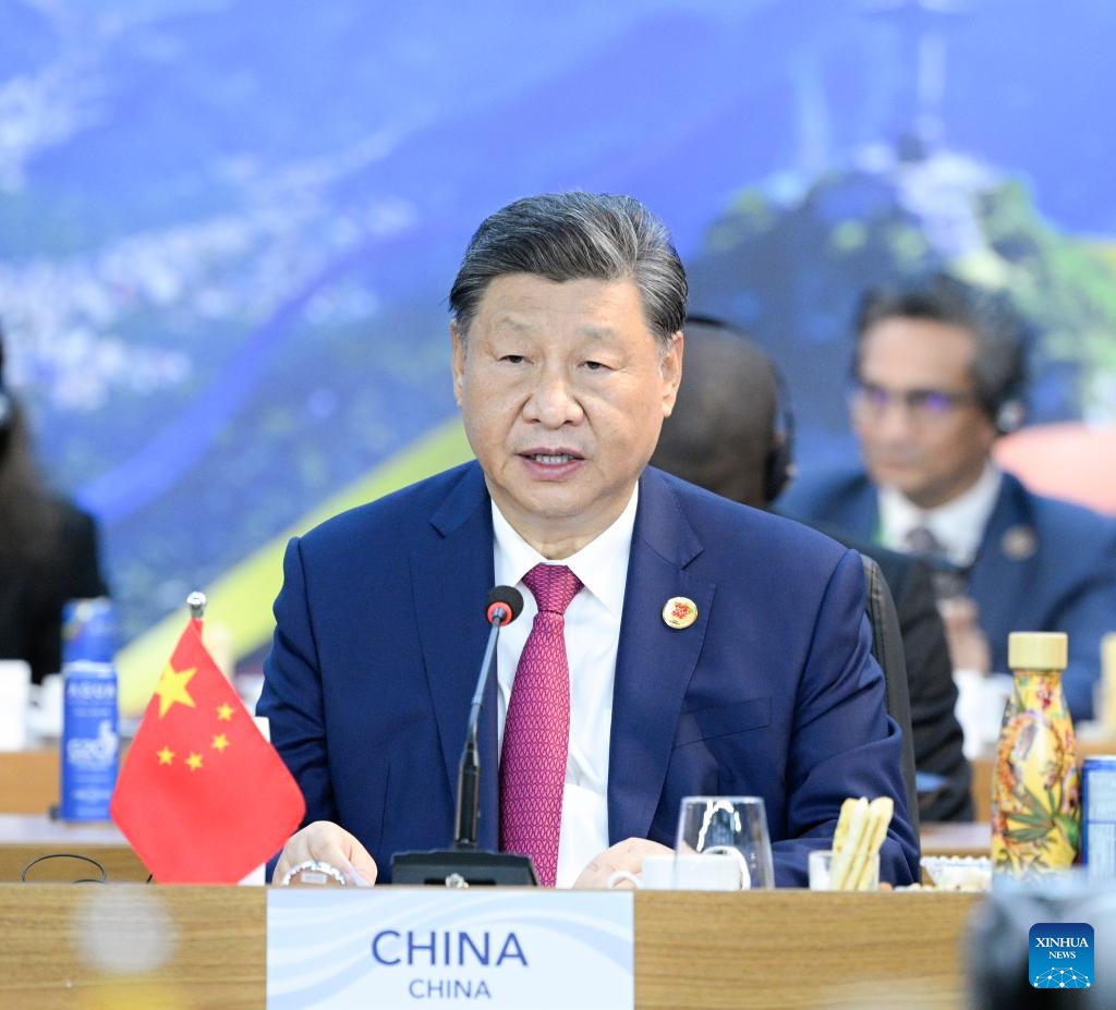 Chinese President Xi Jinping delivers an important speech entitled Building a Just World of Common Development at Session I of the 19th G20 Summit on Fight Against Hunger and Poverty in Rio de Janeiro, Brazil, Nov. 18, 2024. Xi attended the G20 Summit here on Monday. (Photo:Xinhua)