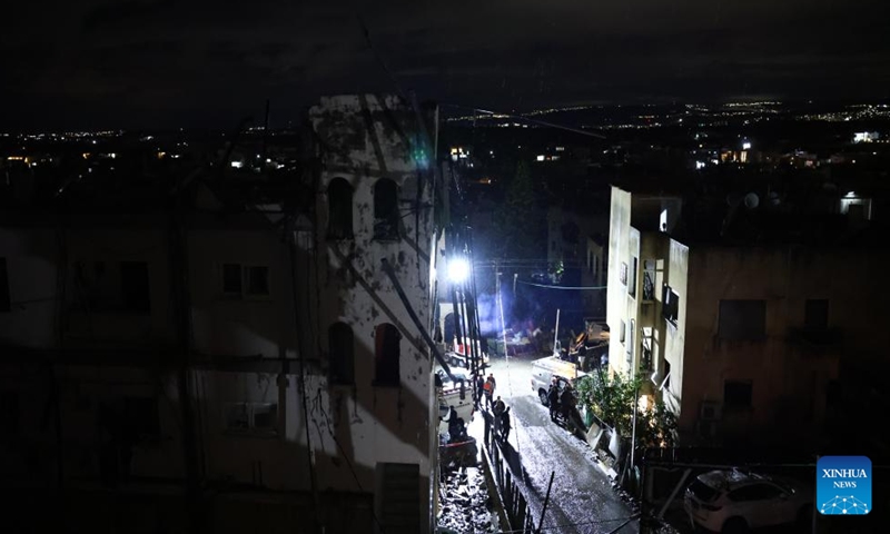 Photo taken on Nov. 18, 2024 shows the site of a rocket attack from Lebanon, in Shfar'am, northern Israel. A woman was killed and 10 others wounded in a rocket attack in northern Israel on Monday, Israel's Magen David Adom rescue service said. (Photo: Xinhua)