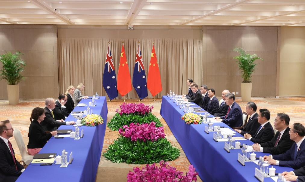 Chinese President Xi Jinping meets with Australian Prime Minister Anthony Albanese on the sidelines of the 19th G20 Summit in Rio de Janeiro, Brazil, Nov. 18, 2024. (Photo: Xinhua)