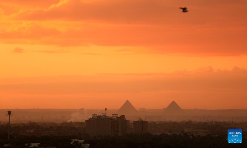 This photo taken on Nov. 18, 2024 shows a view of the Giza Pyramids at sunset in Cairo, Egypt. (Photo: Xinhua)