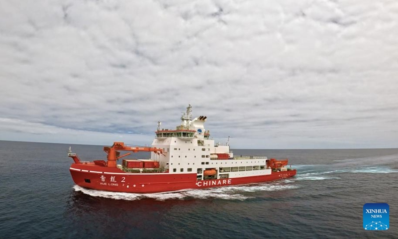 An aerial drone photo shows China's research icebreaker Xuelong 2 sailing in the sea. Currently on China's 41st Antarctic expedition, research icebreakers Xuelong and Xuelong 2, or Snow Dragon and Snow Dragon 2, will begin to plough through the belt of prevailing westerlies, nicknamed the rolling forties, on Tuesday. (Photo: Xinhua)