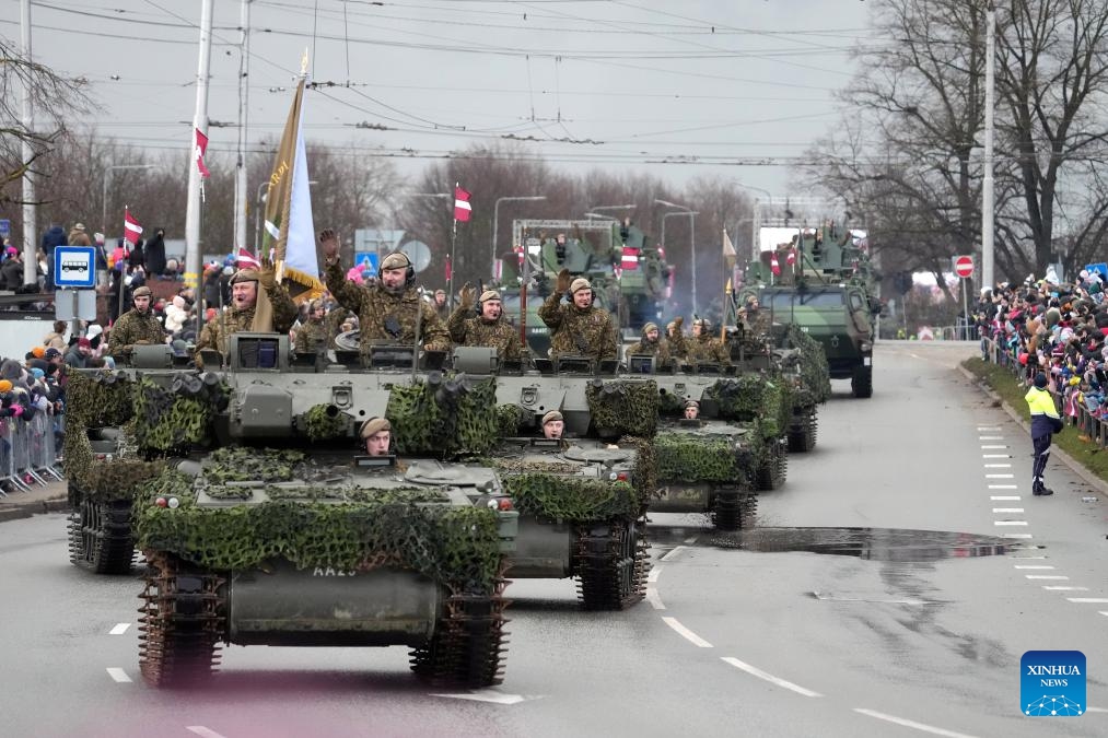 A military parade is held to mark the Independence Day in Riga, Latvia, Nov. 18, 2024. Various events were held across Latvia on Monday to mark the Independence Day. (Photo: Xinhua)