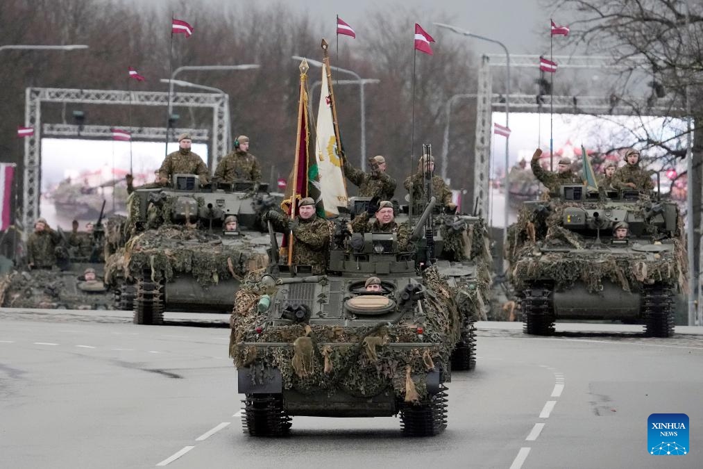 A military parade is held to mark the Independence Day in Riga, Latvia, Nov. 18, 2024. Various events were held across Latvia on Monday to mark the Independence Day. (Photo: Xinhua)