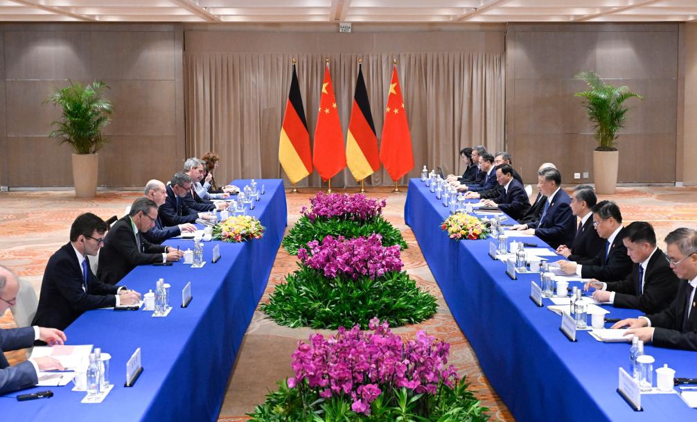 Chinese President Xi Jinping meets with German Chancellor Olaf Scholz on the sidelines of the G20 Leaders' Summit in Rio de Janeiro, Brazil, Nov. 19, 2024. (Photo: Xinhua)