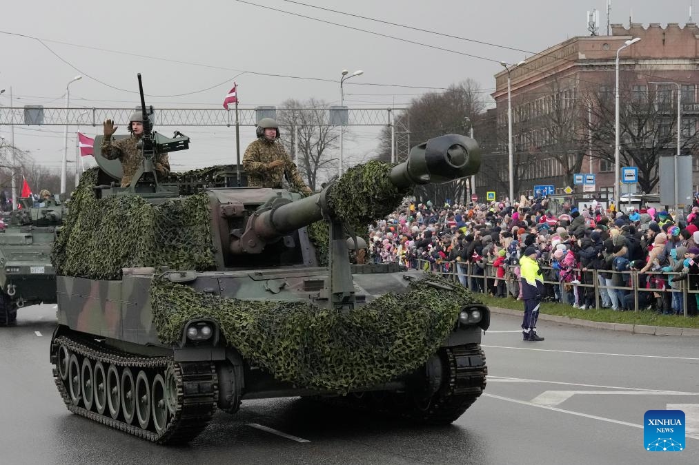 A military parade is held to mark the Independence Day in Riga, Latvia, Nov. 18, 2024. Various events were held across Latvia on Monday to mark the Independence Day. (Photo: Xinhua)