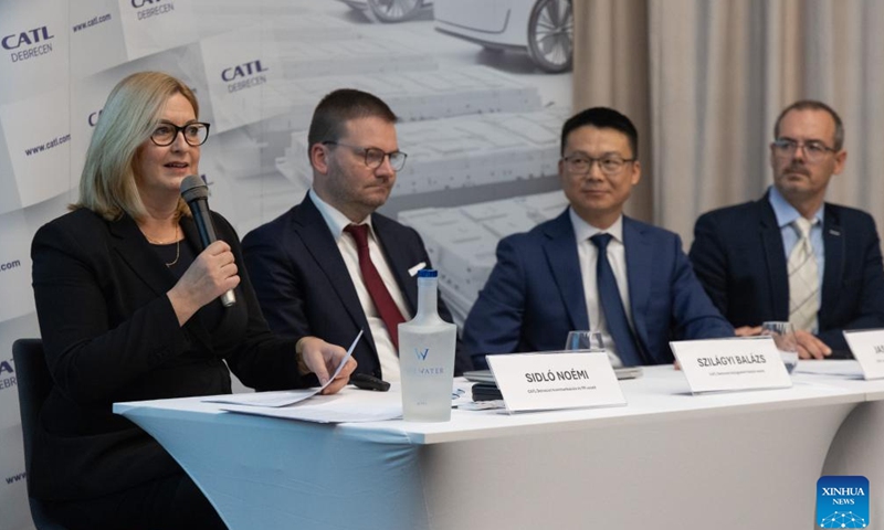 Noemi Sidlo (1st L), CATL's communications and public relations manager, speaks at a press conference in Debrecen, Hungary, on Nov. 20, 2024. (Photo by Attila Volgyi/Xinhua)