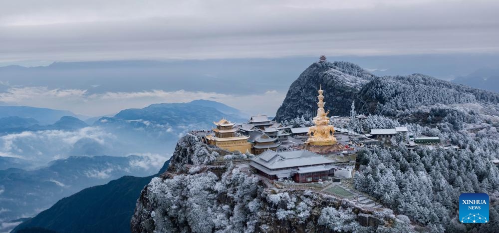 A drone photo taken on Nov. 20, 2024 shows a view on the summit of Mount Emei, or Jinding in Chinese, in southwest China's Sichuan Province. (Xinhua/Jiang Hongjing)