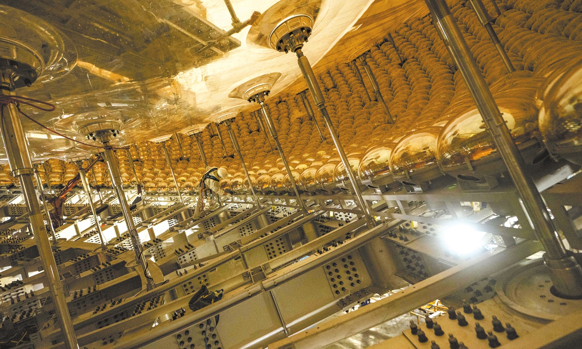 The installed photomultiplier tubes near the bottom of JUNO's stainless steel truss Photo: Courtesy of IHEP
