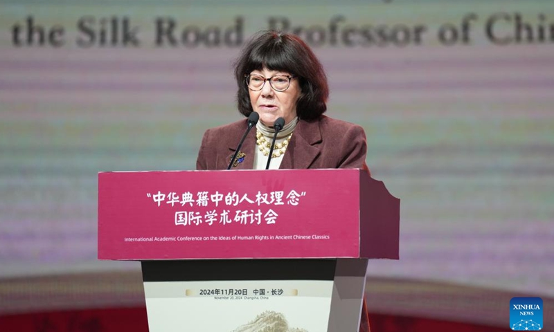 Giuseppina Merchionne, professor of Chinese language and culture of the University of Milan and president of the Italy-China Centre for Collaboration and Cultural Exchanges of the Silk Road, speaks at the International Academic Conference on the Ideas of Human Rights in Ancient Chinese Classics in Changsha, central China's Hunan Province, Nov. 20, 2024. Fine traditional Chinese culture contains many ideas related to human rights, which can provide historical resources and enlightenment for the cause of human rights in today's world. That is why scholars across the globe gathered in central China's Hunan Province for a conference on Wednesday. (Xinhua/Xue Yuge)