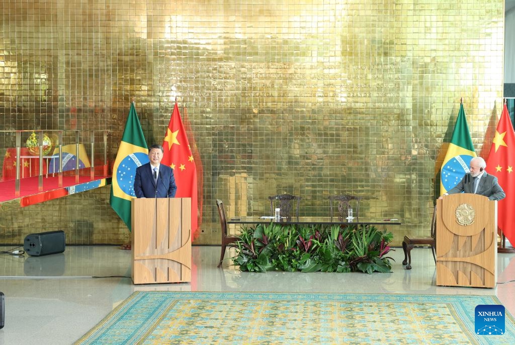 Chinese President Xi Jinping and his Brazilian counterpart Luiz Inacio Lula da Silva jointly meet the press after their talks in Brasilia, Brazil, Nov. 20, 2024. (Xinhua/Huang Jingwen)