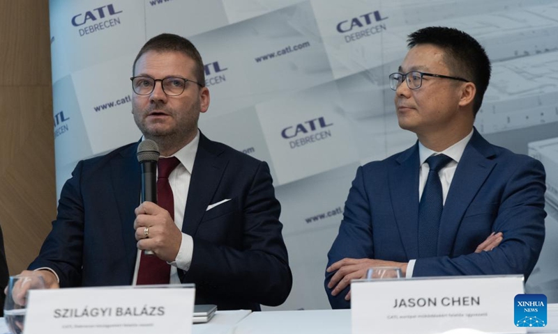 Balazs Szilagyi (L), CATL's senior public affairs manager, speaks at a press conference in Debrecen, Hungary, on Nov. 20, 2024. (Photo by Attila Volgyi/Xinhua)