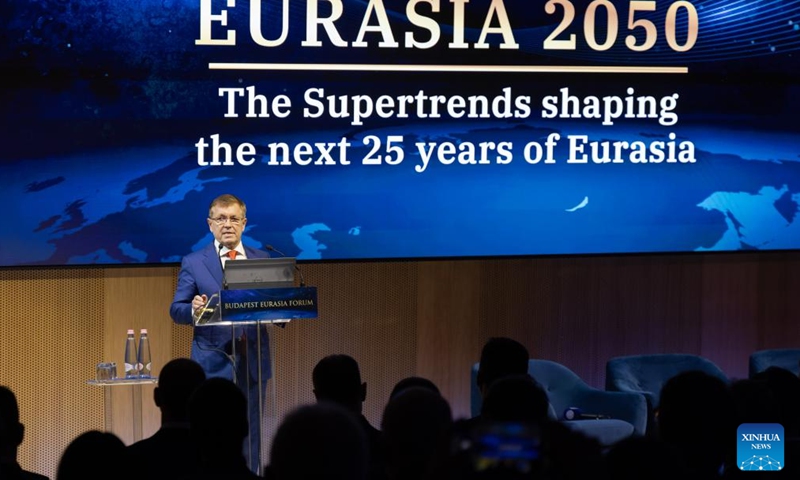 Hungarian central bank governor Gyorgy Matolcsy speaks at the opening ceremony of the Eurasia Forum 2024 held by the National Bank of Hungary in Budapest, Hungary on Nov. 21, 2024. (Photo by Attila Volgyi/Xinhua)