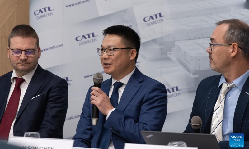 Jason Chen (C), general manager of CATL Europe Operations, speaks at a press conference in Debrecen, Hungary, on Nov. 20, 2024. (Photo by Attila Volgyi/Xinhua)