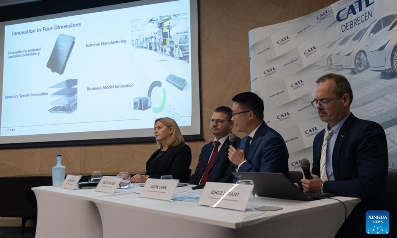 Jason Chen (2nd R), general manager of CATL Europe Operations, speaks at a press conference in Debrecen, Hungary, on Nov. 20, 2024. (Photo by Attila Volgyi/Xinhua)