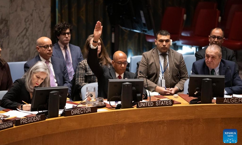 US Alternate Representative for Special Political Affairs in the United Nations Robert Wood (C, Front) votes against a UN Security Council draft resolution that calls for an immediate ceasefire in Gaza at the UN headquarters in New York, on Nov. 20, 2024. (Xinhua/Xie E)