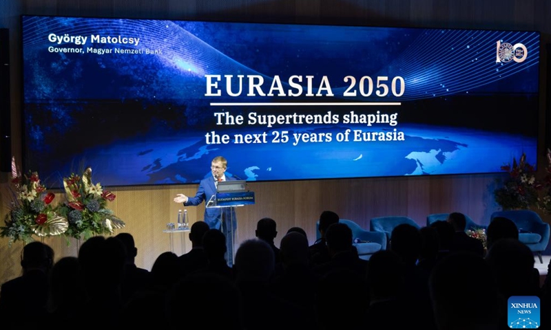 Hungarian central bank governor Gyorgy Matolcsy speaks at the opening ceremony of the Eurasia Forum 2024 held by the National Bank of Hungary in Budapest, Hungary on Nov. 21, 2024. (Photo by Attila Volgyi/Xinhua)