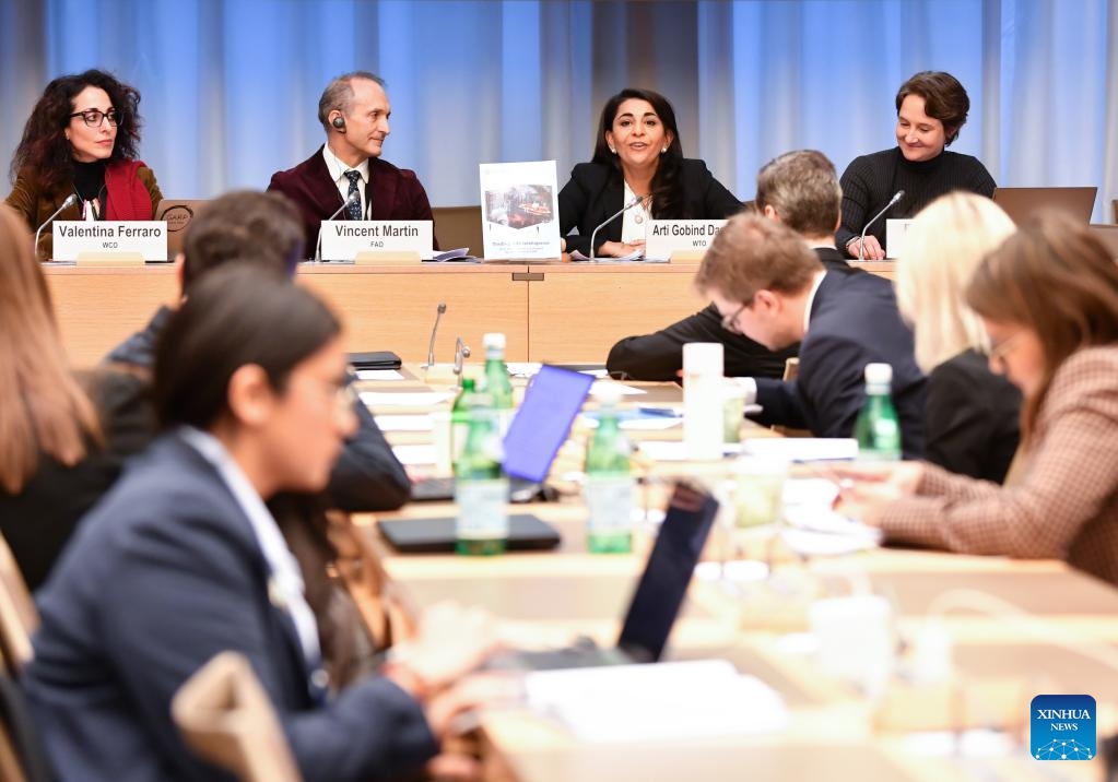 People attend a conference at the World Trade Organization (WTO) headquarters in Geneva, Switzerland, Nov. 21, 2024. The WTO released a report on Thursday titled Trading with Intelligence: How AI Shapes and is Shaped by International Trade, exploring the potential impact of artificial intelligence (AI) on global trade. (Xinhua/Lian Yi)