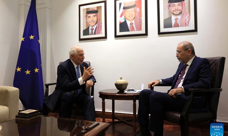 Jordanian Foreign Minister Ayman Safadi (R) meets with visiting European Union High Representative for Foreign Affairs and Security Policy Josep Borrell in Amman, Jordan, on Nov. 21, 2024. Israel's blockade on aid entry into Gaza aims to commit ethnic cleansing to displace the population, Jordan's Minister of Foreign Affairs Ayman Safadi said here Thursday. (Photo by Mohammad Abu Ghosh/Xinhua)