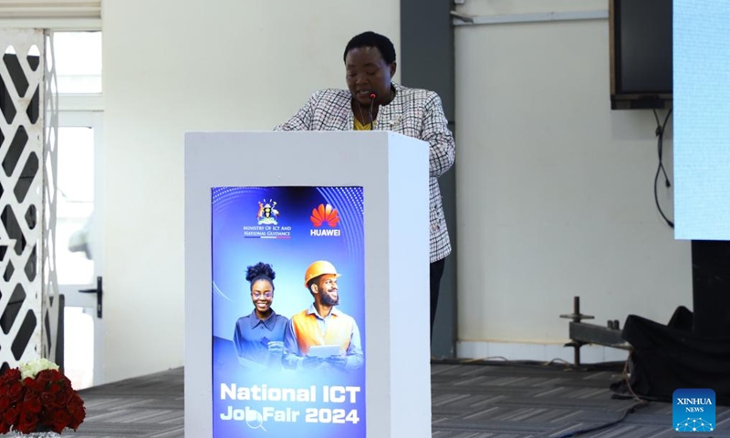 Ugandan Prime Minister Robinah Nabbanja speaks at the opening ceremony of a job fair in Kampala, Uganda, on Nov. 21, 2024. The Ugandan government and Chinese technology firm Huawei on Thursday launched a two-day job fair aimed at promoting youth employment in the information, communication and technology (ICT) sector. (Photo by Ronald Ssekandi/Xinhua) 