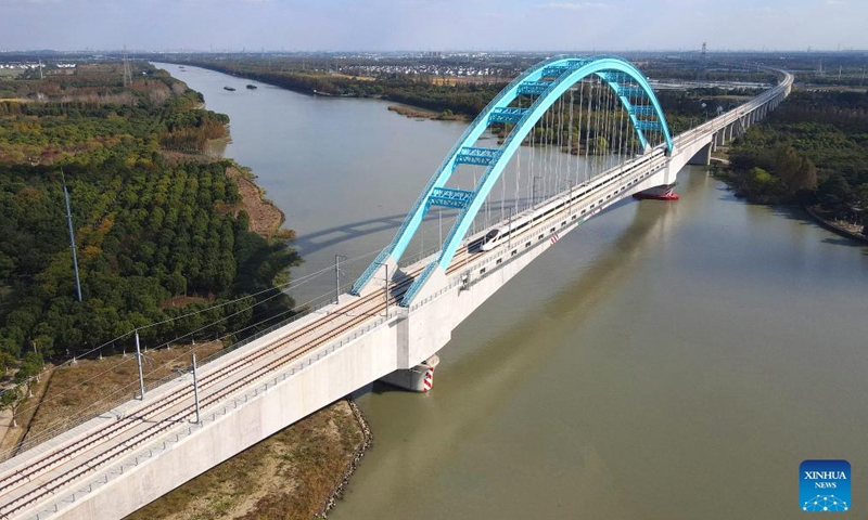 An aerial drone photo taken on Nov. 23, 2024 shows a bullet train crossing the Qingpu grand bridge along a new high-speed rail line connecting Shanghai Municipality with the provinces of Jiangsu and Zhejiang in east China. (Photo: Xinhua)