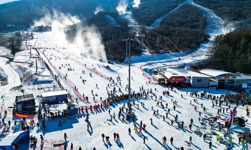 An aerial drone photo taken on Nov. 23, 2024 shows the Beidahu Ski Resort in Jilin City, northeast China's Jilin Province. Following the recent snowfall and drop in temperature, a new ski season has kicked off in northeast China's Jilin Province. (Photo: Xinhua)