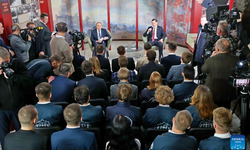 Belarusian Foreign Minister Maxim Ryzhenkov (R, Center) and Russian Foreign Minister Sergei Lavrov (L, Center) attend an exchange event with Belarusian youth in Brest, Belarus, Nov. 22, 2024. (Photo by Henadz Zhinkov/Xinhua)