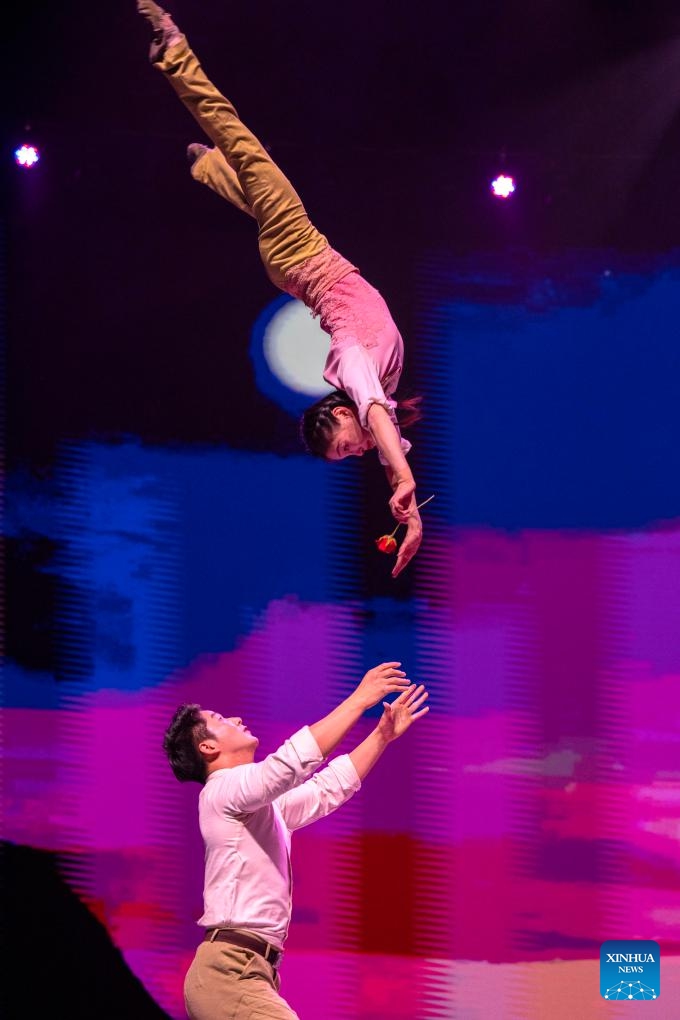 Actors perform during an acrobatic show in Beijing, capital of China, Nov. 23, 2024. A two-day acrobatic show kicked off in Beijing on Friday, featuring performances staged by outstanding young acrobatic talents across China. (Xinhua/Cai Yang)