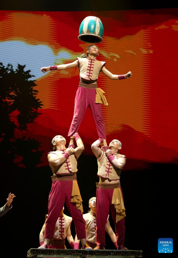 Actors perform during an acrobatic show in Beijing, capital of China, Nov. 23, 2024. A two-day acrobatic show kicked off in Beijing on Friday, featuring performances staged by outstanding young acrobatic talents across China. (Xinhua/Cai Yang)