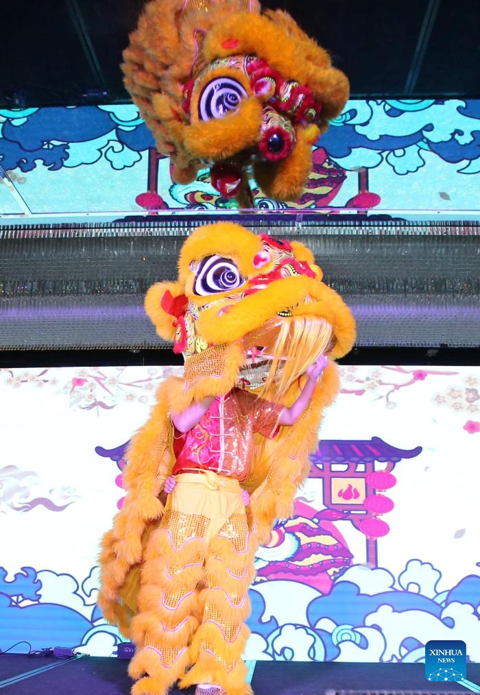 A lion dance is staged during the Chinese Culture Night event in Dhaka, Bangladesh on Nov. 22, 2024. The Chinese Culture Night event organized by the Chinese Embassy in Bangladesh was held here Friday to showcase traditional Chinese culture and enhance the friendship between the two countries. (Xinhua)