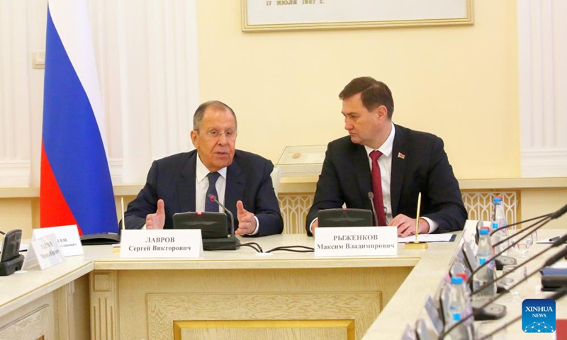 Belarusian Foreign Minister Maxim Ryzhenkov (R) meets with Russian Foreign Minister Sergei Lavrov in Brest, Belarus, Nov. 22, 2024.(Photo by Henadz Zhinkov/Xinhua)