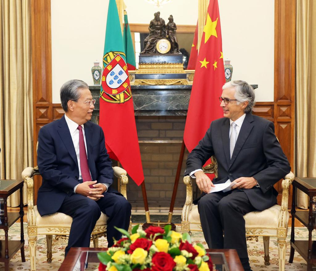 Zhao Leji, chairman of the National People's Congress Standing Committee, holds talks with Jose Pedro Aguiar-Branco, speaker of the Portuguese Parliament, in Lisbon, Portugal, Nov. 22, 2024. Zhao paid an official goodwill visit to Portugal from Nov. 21 to 23 at the invitation of Aguiar-Branco. (Xinhua/Liu Weibing)