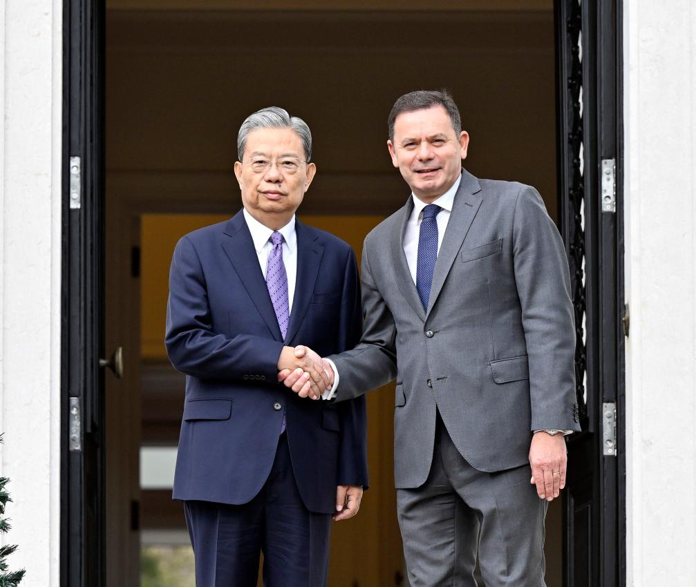 Zhao Leji, chairman of the National People's Congress Standing Committee, meets with Portuguese Prime Minister Luis Montenegro in Lisbon, Portugal, Nov. 21, 2024. Zhao paid an official goodwill visit to Portugal from Nov. 21 to 23 at the invitation of Jose Pedro Aguiar-Branco, speaker of the Portuguese Parliament. (Xinhua/Yin Bogu)