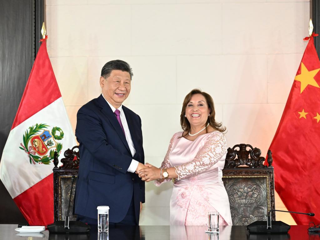 Chinese President Xi Jinping and his Peruvian counterpart, Dina Boluarte, attend the opening ceremony of the Chancay Port via video link in Lima, Peru, Nov. 14, 2024. (Xinhua/Xie Huanchi)