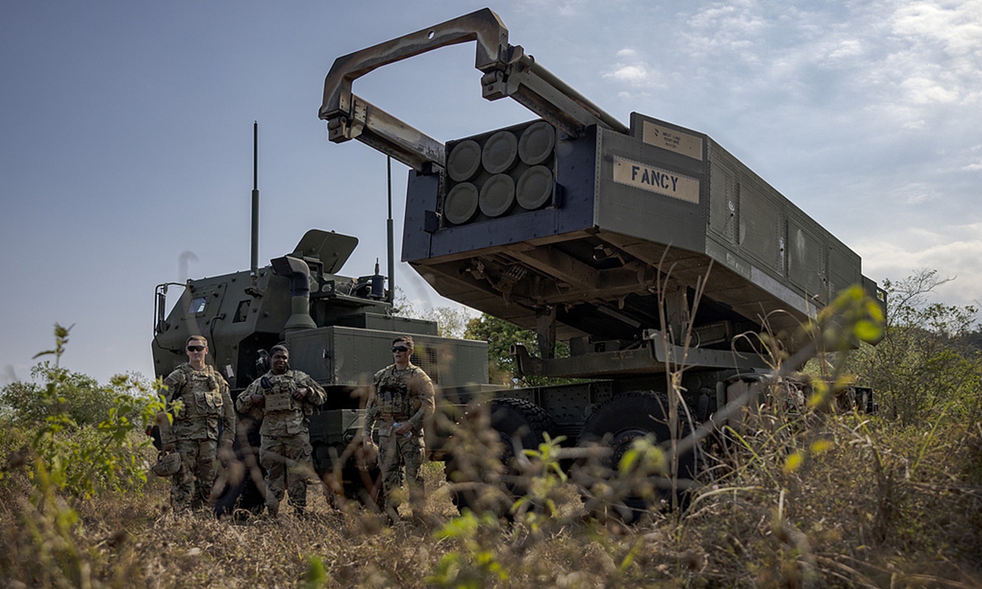 US troops stand next to a High Mobility Artillery Rocket System (HIMARS) during live fire exercises as part of US-Philippines army-to-army joint drills on March 31, 2023. File photo: VCG