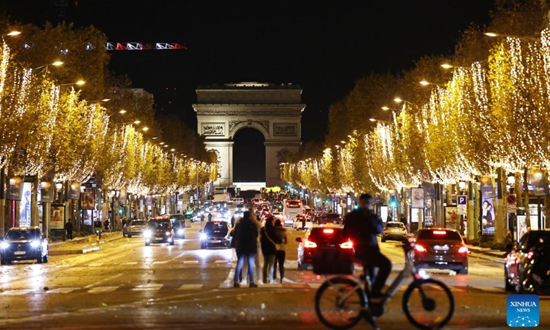 The Champs-Elysees is lit by Christmas holiday lights in Paris, France, Nov. 24, 2024. The annual Christmas season lighting ceremony was held here on Sunday. The lights on the famed avenue will be turned on from 17:00 to midnight everyday and will last until the beginning of January 2024, with the exception of Dec. 24 and 31, when the lights will last all night long. (Xinhua/Gao Jing)