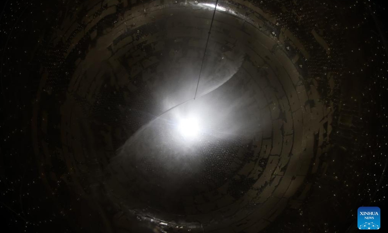 This photo taken on Nov. 23, 2024 shows the acrylic sphere of the central detector of the Jiangmen Underground Neutrino Observatory (JUNO) being cleaned in Jiangmen, south China's Guangdong Province.