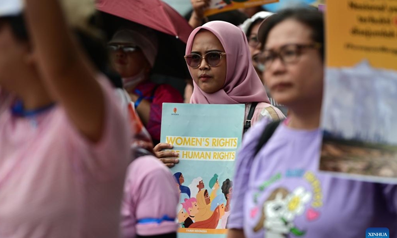 People take part in a rally to mark the International Day for the Elimination of Violence against Women in Jakarta, Indonesia, Nov. 25, 2024. (Photo: Xinhua)