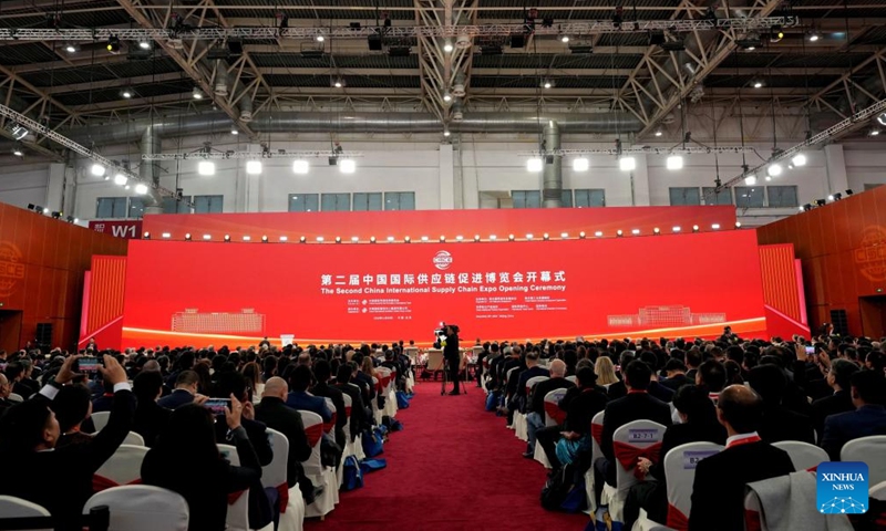 This photo taken on Nov. 26, 2024 shows a scene of the opening ceremony of the second China International Supply Chain Expo (CISCE) in Beijing, capital of China.

Themed Connecting the World for a Shared Future, the expo, hosted by the China Council for the Promotion of International Trade, kicked off in Beijing on Tuesday. (Photo: Xinhua)