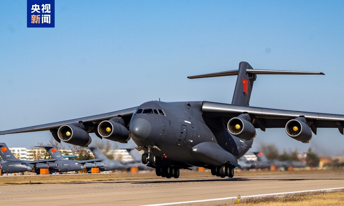 A Y-20 large transport aircraft of the Chinese People's Liberation Army (PLA) Air Force takes off from an air field in Central China to carry out the mission of repatriating the remains of the 11th batch of Chinese People's Volunteer Army martyrs from South Korea. Photo: Screenshot from China Central Television