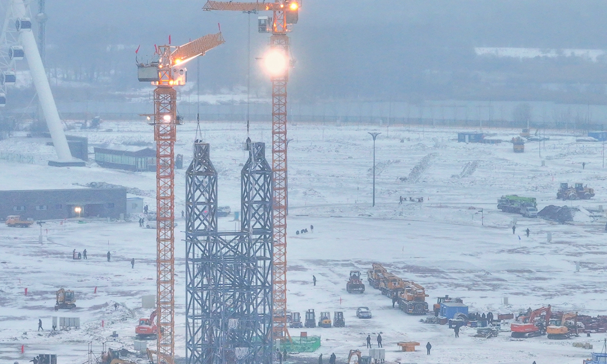 This aerial photo taken on November 26, 2024 shows the landmark ice-and-snow theme park in Harbin, Northeast China's Heilongjiang Province. The theme park is about to start construction as a cold wave hits the city. Xinhua reported that the theme park will expand ahead of the ninth Asian Winter Games, scheduled for February 7-14, 2025. Photo: VCG