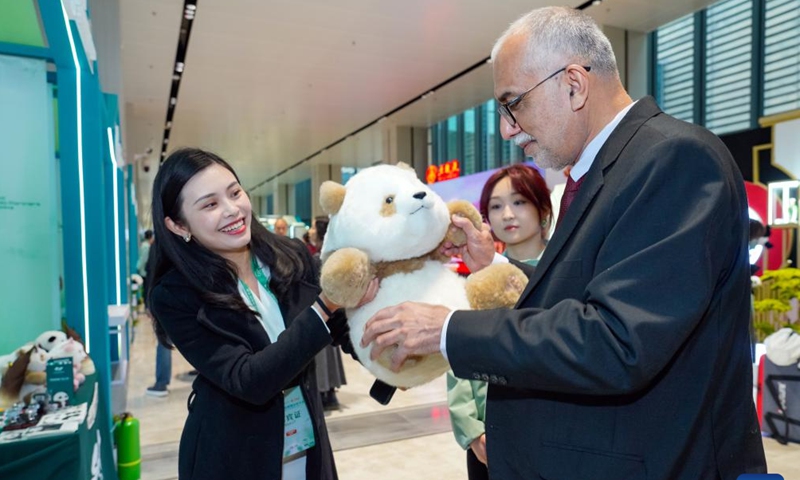 Two guests look at a giant panda plush toy during the Global Panda Partners 2024 conference in Chengdu, southwest China's Sichuan Province, Nov. 26, 2024. (Photo: Xinhua)