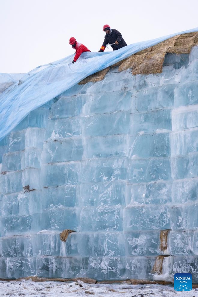 Staff members remove the thermal insulation material covering an ice cube reserve ahead of the construction of the 26th Harbin Ice-Snow World in Harbin, northeast China's Heilongjiang Province, Nov. 26, 2024. (Photo: Xinhua)