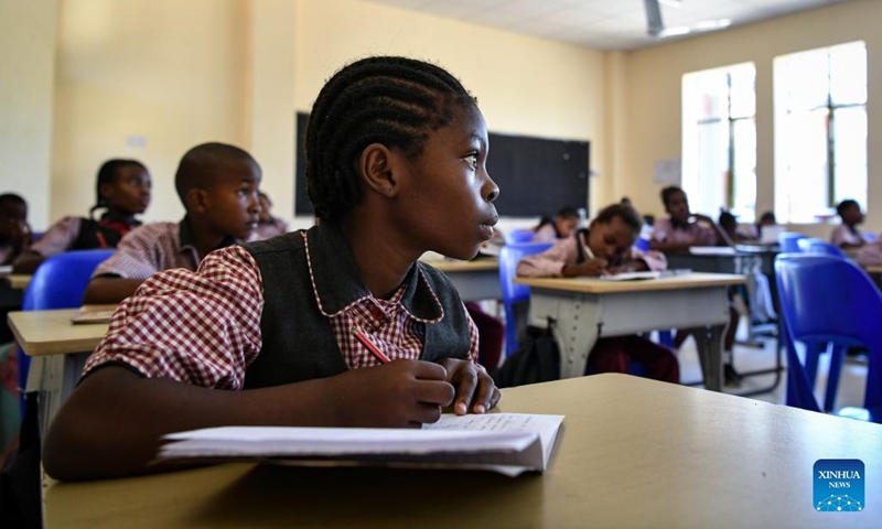 Pradence Tshepi (front) studies at China-aided Mmopane Primary School in Mmopane, Kweneng District, Botswana, Nov. 4, 2024.  (Photo: Xinhua)