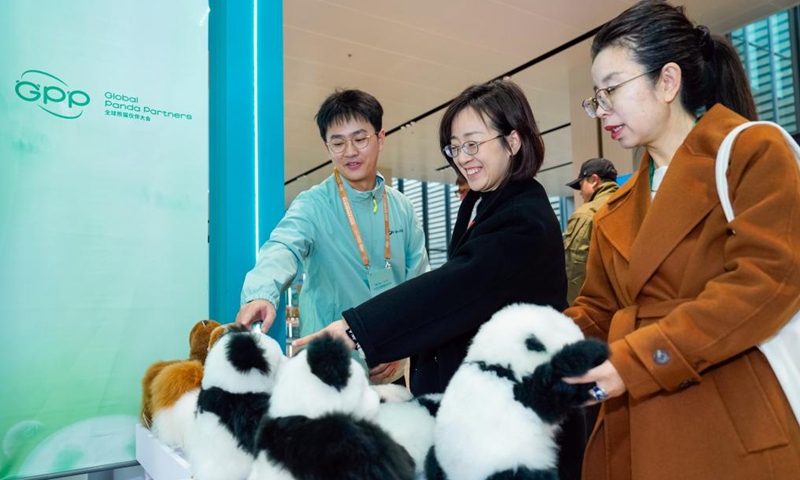 Guests look at giant panda plush toys during the Global Panda Partners 2024 conference in Chengdu, southwest China's Sichuan Province, Nov. 26, 2024. (Photo: Xinhua)